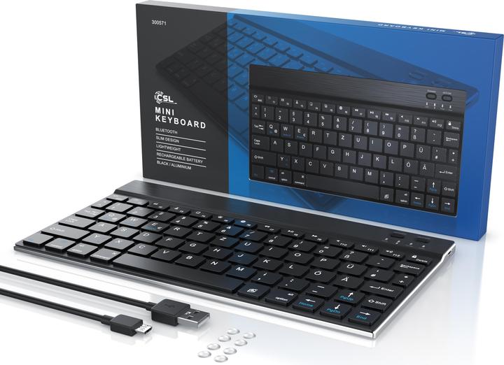 Produktbild CSL Wireless Tastatur, Ultra Slim Keyboard, Bluetooth, Aluminium Gehäuse, DE Layout, BT 3.0, schwarz (DE, Kabellos)