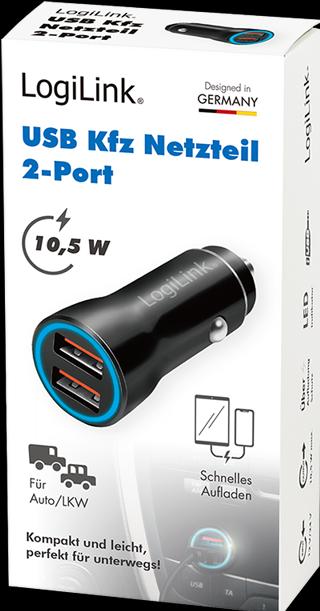 Actual product image LogiLink USB car power supply, 2x USB-A, 10.5 W, black
