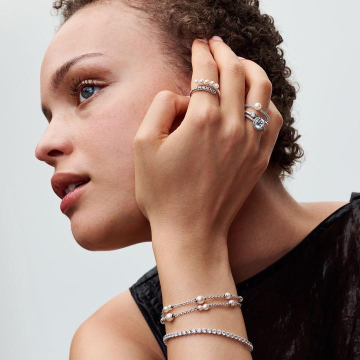 Image du produit Pandora Perle de culture d'eau douce traitée & bague pavée double bande (58, Argent 925)
