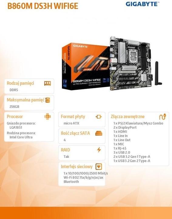 Produktbild Gigabyte MB GBT Intel 1851 B860M DS3H WIFI6E (LGA 1851, Intel B860, mATX)