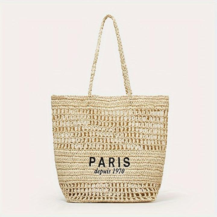 Only-Bags.Store Ausgehöhlte Stroh gewebte Einkaufstasche, modische Stickerei-Buchstaben-Umhängetasche, Strandtasche