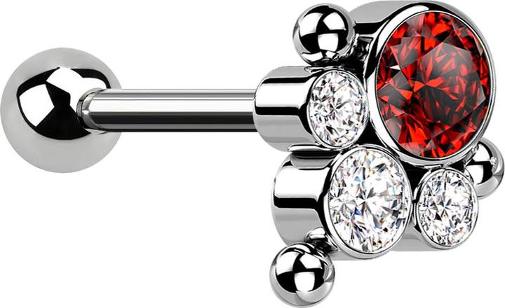 Produktbild Star Piercing Micro Barbell Threadless silber mit Kugel und drei Kugeln vier Kristalle silber und rot (ohne Messing, Titan G23)