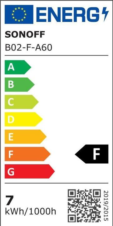 Label énergétique Sonoff B02-F-A60 - Ampoule à filament LED intelligente Wi-Fi (cyan) (E27, 7 W, 806 lm, 1 x, F)