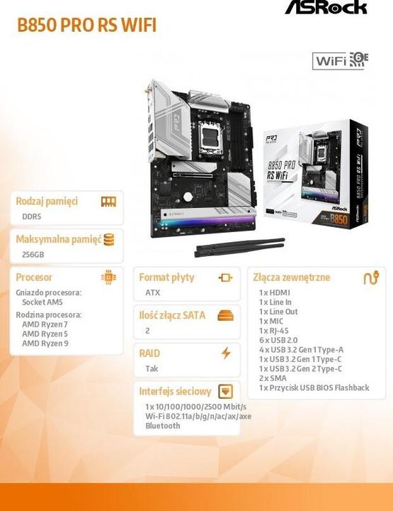 Actual product image AsRock B850 Pro RS WiFi (AM5, AMD B850, ATX)
