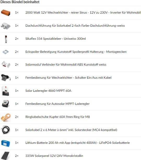 Produktbild Autosolar Solaranlage 670W mit Lithiumbatterie 200Ah und 2000W-Wechselrichter Wohnmobil / Camper (670 W)