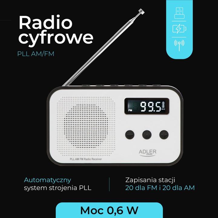 Actual product image Adler Interactive solution | Digital radio PLL AM/FM | AD 1907 | Alarm function | White/Black (AM, PLL, FM, VHF)