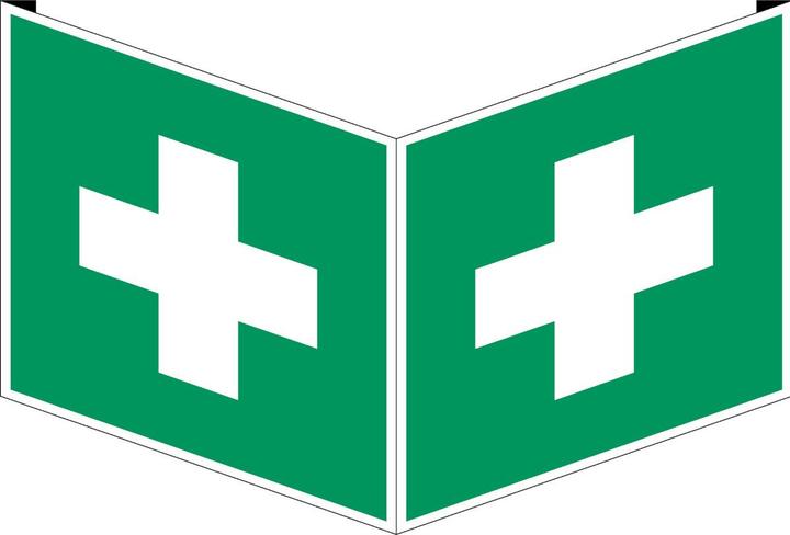 Actual product image Brady B-455, Flag and angle signs - First aid, polyvinyl chloride (PVC), white on green, 318