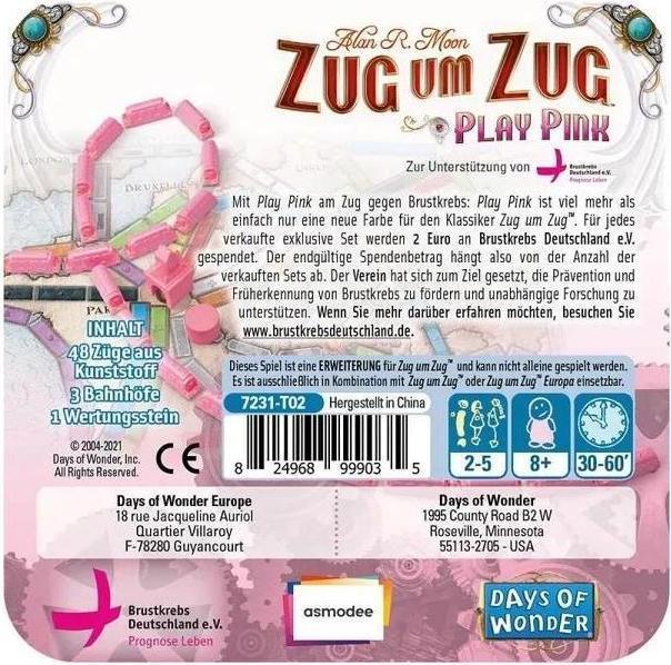 Actual product image Asmodée Ticket to Ride-Play Pink, (6-pack display), for 2-5 players, ages 8+, (DE-expansion) (German)