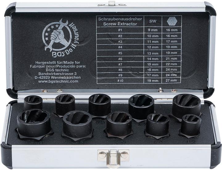 BGS Jeu de douilles spiralées/extracteur de vis 10 mm (3/8") profil hélicoïdal 9 - 19 mm 10 pièces