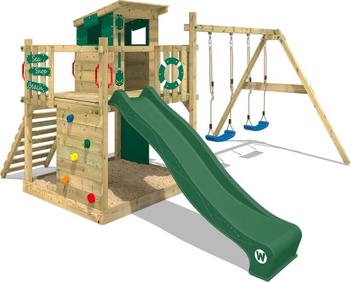 Wickey Spielhaus Klettergerüst Smart Camp mit Schaukel & grüner Rutsche, Baumhaus mit Sandkasten