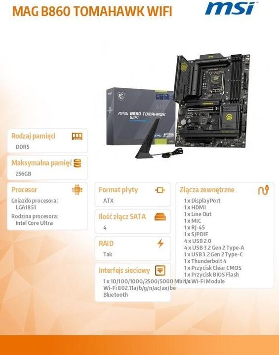 Immagine prodotto MSI MAG B860 TOMAHAWK WIFI (LGA 1851, Intel B860, ATX)