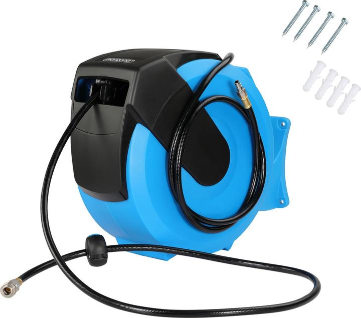 1x hose coupling, 1x operating instructions, 4x screws, 1x wall bracket (removable), Washers & dowels, 1x automatic hose reel, 1x plug nipple, 1x hose brake, 1x 30m compressed air hose