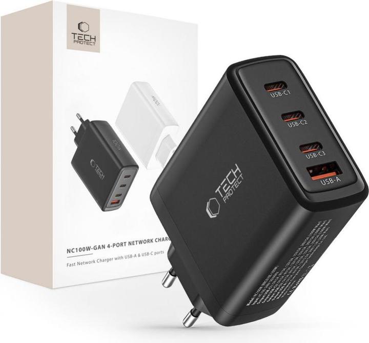 Tech-Protect NC100W-GAN GaN chargeur réseau 3x USB-C PD 100W / USB-A QC 3.0 - noir (100 W)