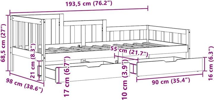 Immagine prodotto VidaXL Letto da giorno Letto per ospiti Divano letto Divano letto cassetti 90x190cm in legno massiccio (90 x 190 cm)