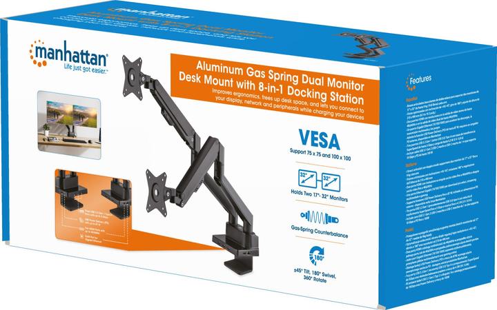 Produktbild Manhattan Aluminium-Tischhalterung mit Gasdruckfeder für zwei Monitore & 8-in-1-Dockingstation (Standfuss, 32.01")