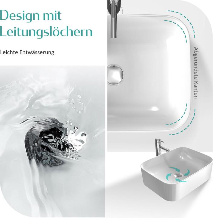Produktbild Emke Aufsatzwaschbecken Eckiger Waschbecken Keramik Waschbecken Waschtisch Weiss Glänzend 61×15×38 cm (3800 mm, 6100 mm)