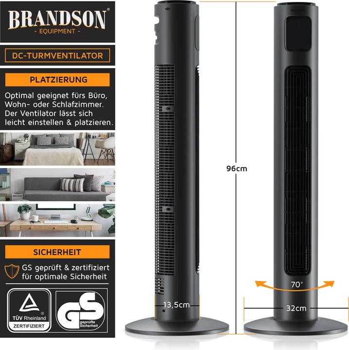 Immagine prodotto Brandson Ventilatore a torre, DC, silenzioso ed efficiente, 12 velocità, timer, oscillazione, telecomando (50 dB)