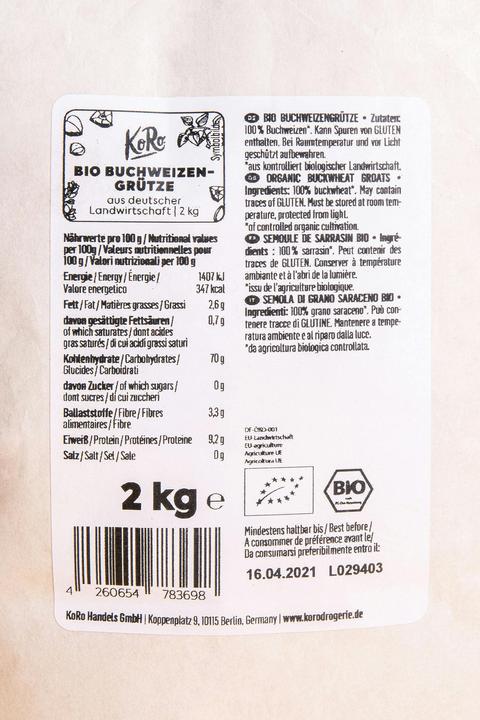 Nährwerte und Zutaten KoRo Bio Buchweizengrütze (2000 g)