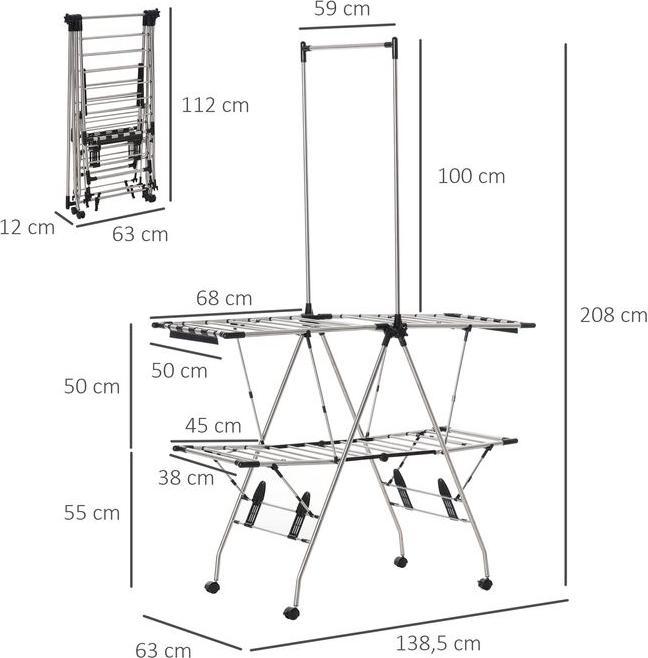 Produktbild Swisshandel24 Wäscheständer mit Teleskopstangen zusammenklappbar, Edelstahl 138,5x63x208cm