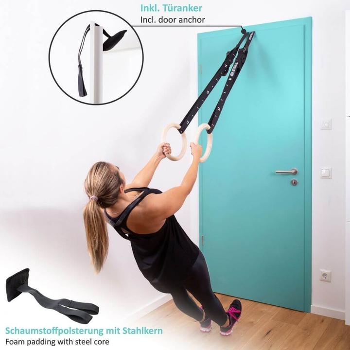 Produktbild Pullup & Dip Turnringe aus Holz inkl. Sportbeutel, Befestigungsgurten und Türanker