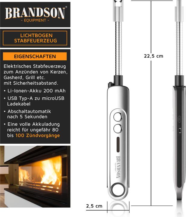 Actual product image Brandson Stabfeuerzeug Lichtbogen Feuerzeug elektrisch, USB aufladbar, Kerzenanzünder für Kerze, Grill, Kamin