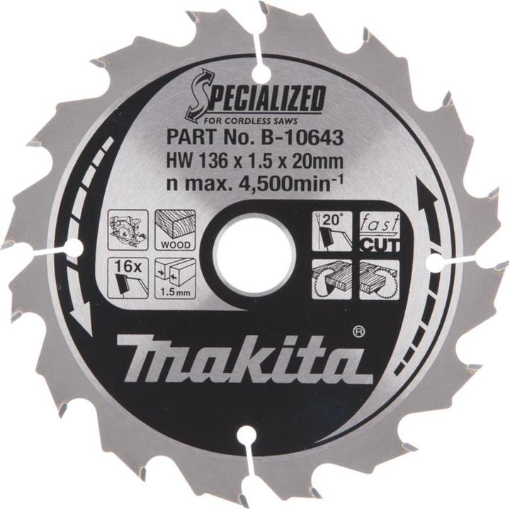 Immagine prodotto Makita B-10643 T.C.T. pjūklas 136X1.5X20mm 20° T16 SPECIALIZZATO akum. diskiniams pjūklams