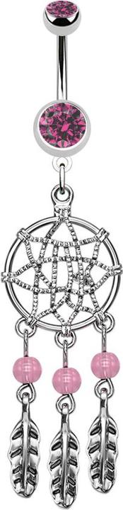 Produktbild Star Piercing Banane silber mit Anhänger Traumfänger 3 Kugeln und Federn pink (ohne Messing, Chirurgenstahl 316L)