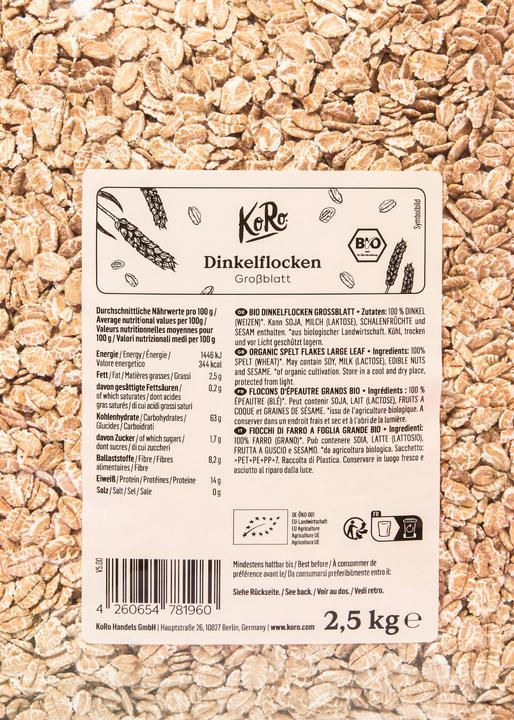 Valeurs nutritives et ingrédients KoRo Flocons d'épeautre bio grande feuille (2500 g)