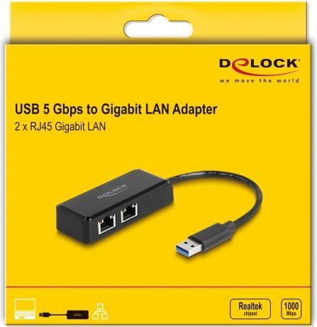 Produktbild Delock USB Typ-A Adapter zu 2 x Gigabit LAN (USB-C 3.2 Gen 1, RJ45 (2x))