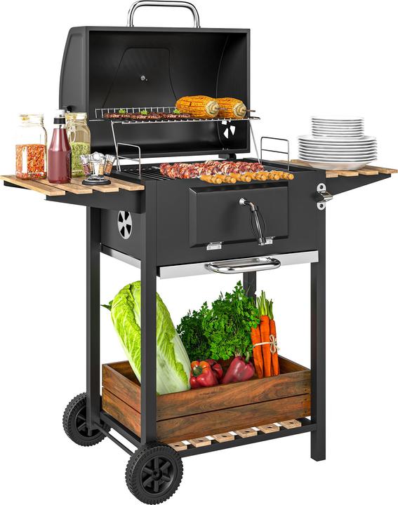 Outsunny Holzkohlegrill Edelstahl, Kiefernholz Schwarz (36 cm)