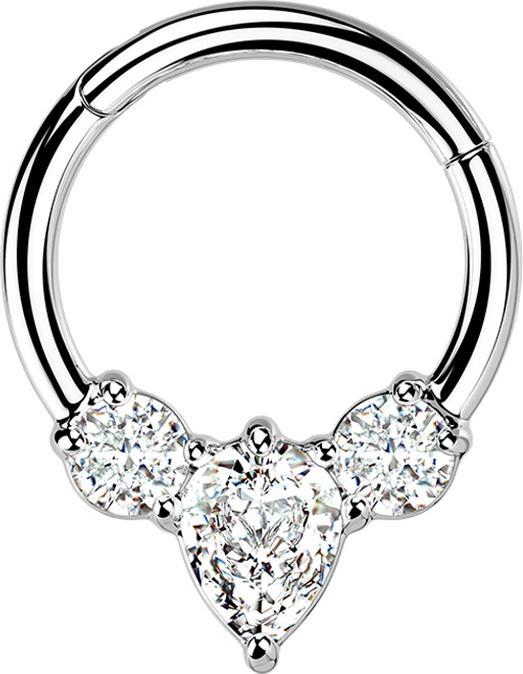 Produktbild Star Piercing Micro Segmentring klappbar silber Tropfen zwei runde Kristalle silber (ohne Messing, Chirurgenstahl 316L)