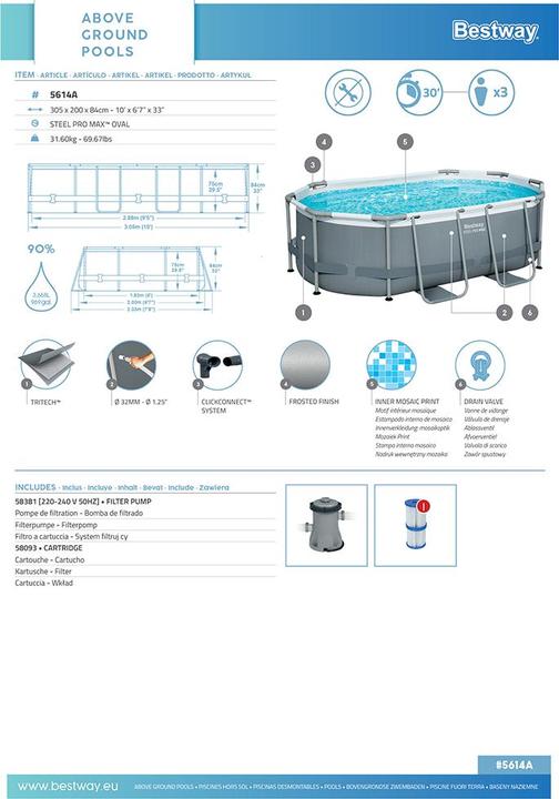 Actual product image Bestway Steel Pro MAX Above Ground Pool Set 3.05 m x 2.00 m x 84 cm (305 x 200 x 84 cm)