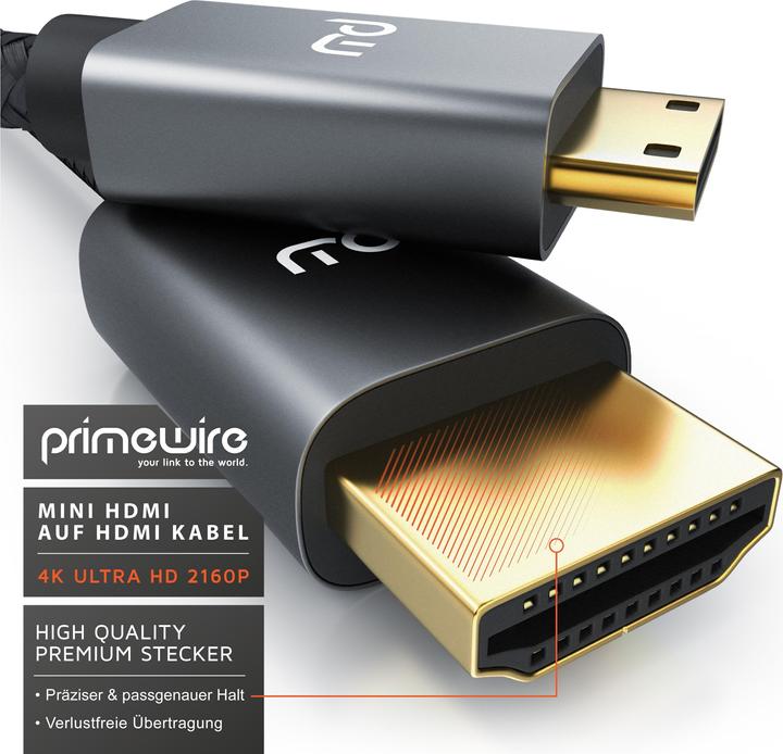 Actual product image Primewire Mini HDMI to HDMI cable, Type C to Type A, 4K miniHDMI adapter cable 3840 x 2160 @ 60 Hz, HDR, ARC (2 m, HDMI)
