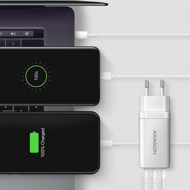 Produktbild Axagon ACU-DPQ65W, GaN nabíječka do sítě, 3x port (USB-A + dual USB-C), PD3.0/QC4+/PPS/Apple (65 W)