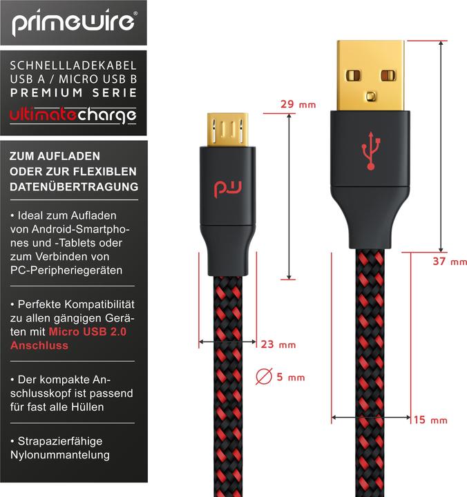 Actual product image Primewire Micro USB 2.0 to USB Type A Cable, UltimateCharge MicroUSB 2.0 Fast Charging Cable with Data (3 m, USB 2.0)
