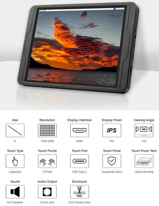 Produktbild WaveShare 8inch HDMI 1536x2048 IPS Capacitive Touch Screen mit Alugehäuse