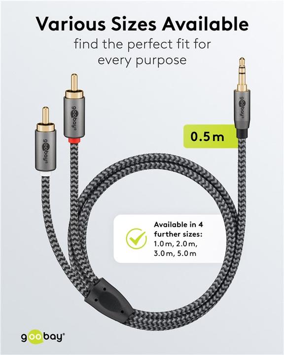 Produktbild Goobay Audio Adapterkabel AUX, 3,5-mm-Klinke zu Stereo-Cinch-Stecker, 0,5 m, Sharkskin Grey (0.50 m, 3.5mm Klinke (AUX))
