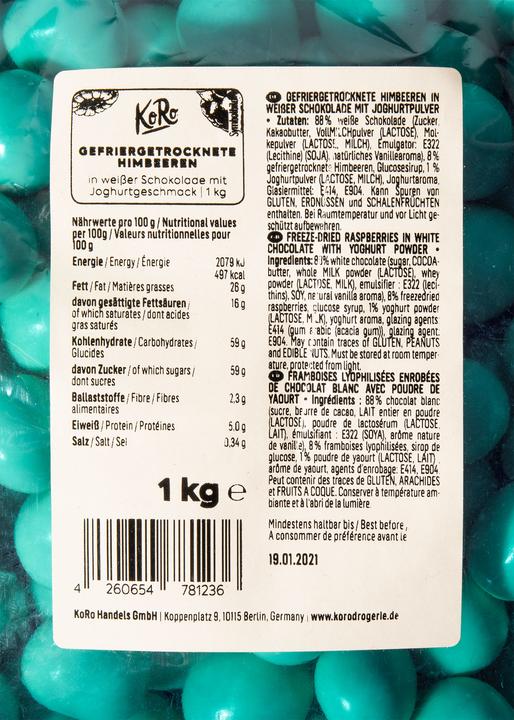 Valori nutrizionali e ingredienti KoRo Lamponi liofilizzati in cioccolato bianco (1000 g)