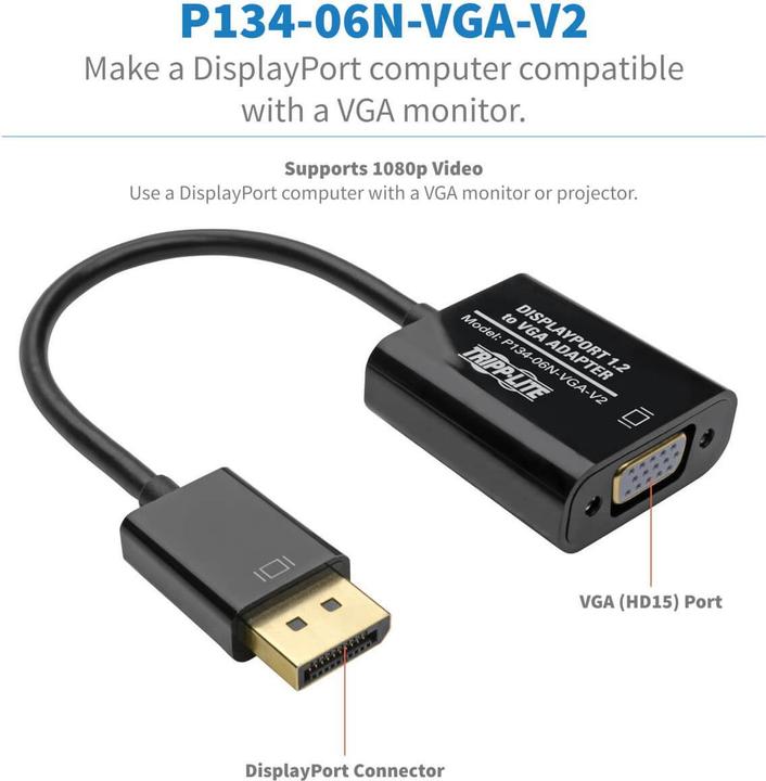 Image du produit Eaton DisplayPort to VGA Active Adapter Video Converter DP ver 1.2 M/F 6inch 15.24cm (VGA, 4.19 cm)