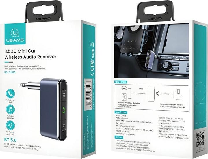 Immagine prodotto Usams Adattatore audio Bluetooth 5.0 - jack 3,5mm szarygrey SJ519JSQ01 US-SJ519 (Trasmettitore e ricevitore)