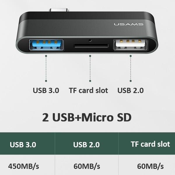 Productafbeelding Usams CONCENTRATORIAUS USB US-SJ463 1 x Micro SD + 2 x USB-A 3.0 (SJ463HUB01) (USB-C, 3 Havens)