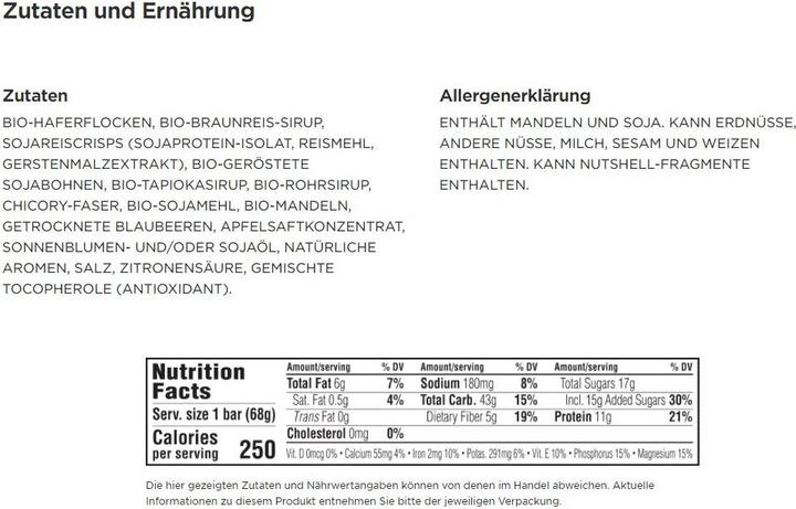 Valeurs nutritives et ingrédients Clif Bar Barres énergétiques (Baies, Myrtille, 12 pcs, 816 g)
