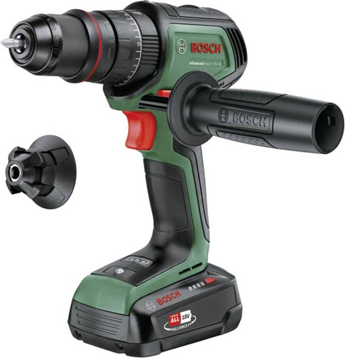 1x carrying case, 1x screwdriver bit, 1x auxiliary handle, 1x replaceable metal drill chuck, 1x magnetic cap, 1x rechargeable battery PBA 18V 2.5Ah, 1x charger AL 18V-20, 1x cordless impact drill AdvancedImpact 18V-80 QuickSnap
