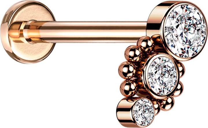 Star Piercing Micro Labret Innengewinde rosegold acht Kugeln drei Kristalle silber (Chirurgenstahl 316L)