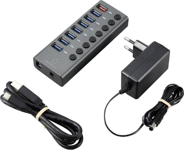 Image du produit Renkforce RF-HUB-380 Commutateur 8 ports USB 3.2 Gen 1 + Hub (USB 3.0) avec boîtier en aluminium Argent-Sc (USB-A, 8 Ports)
