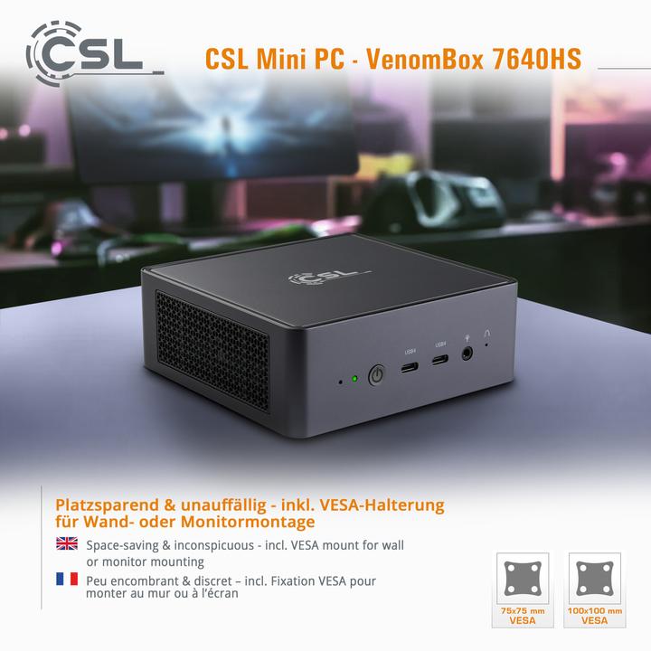 Image du produit CSL Mini-PC VenomBox 7640HS / 32Go / 500 Go M.2 SSD / Windows 11 Pro (AMD Ryzen 5 7640HS, 32.77 Go, 500 Go)