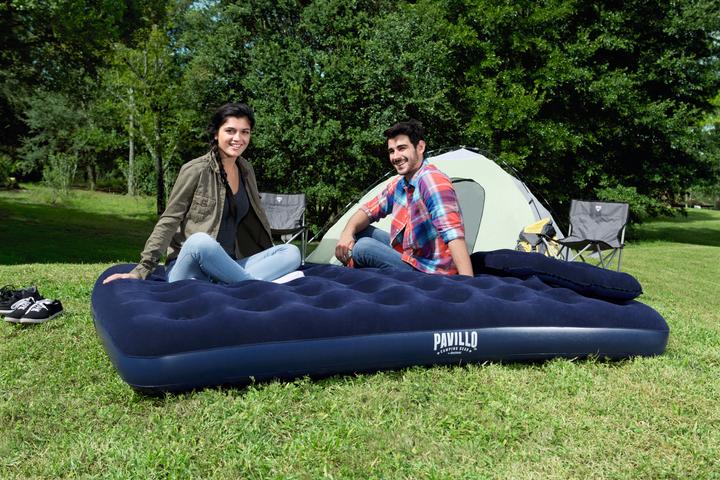 Actual product image Bestway inflatable mattress with pump and pillow, 203x152x22cm, suede