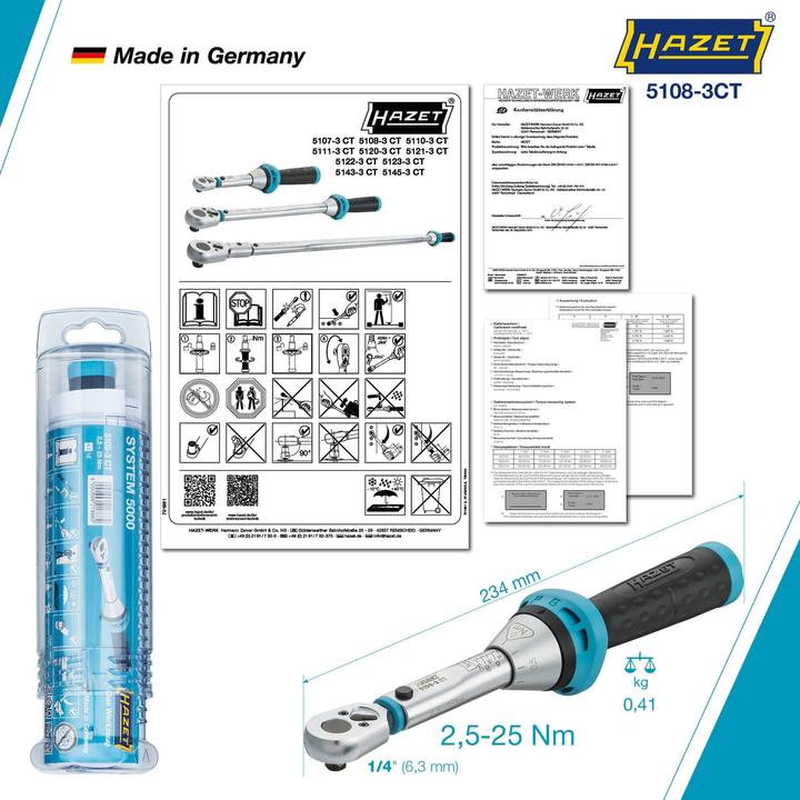 Produktbild HAZET Drehmomentschlüssel 5108-3CT ∙ Nm min-max: 2.5 - 25 Nm ∙ Toleranz: 3% ∙ Vierkant 6,3 mm (1/4 … (1/4", 2.50 Nm, 25 Nm)