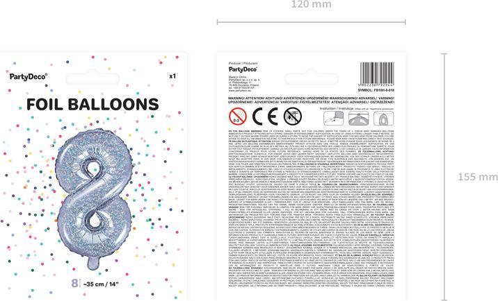 Actual product image Partydeco Foil Balloon Number "8", 35cm, holographic (1 pkt / 1 pc.)