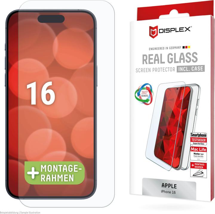 Displex Real Glass, 2D Panzerglas + Handyhülle (1 Stück, Apple iPhone 16)